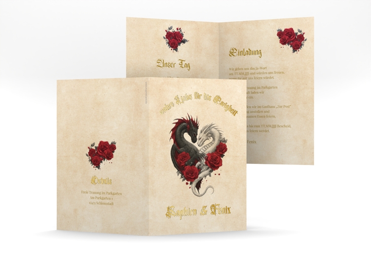 Einladungskarte Hochzeit Drachenliebe A6 Klappkarte hoch beige gold mit schwarzem und weißem Drachen zu einem Herz verschlungen