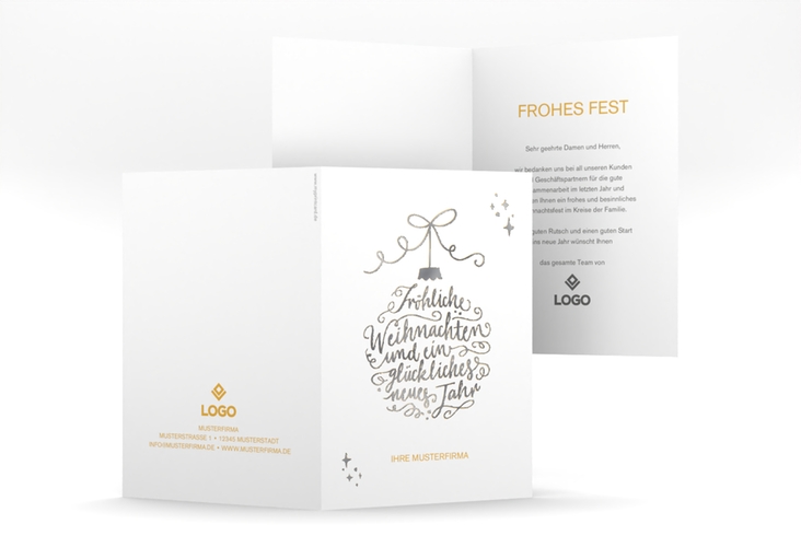 Business-Weihnachtskarte Lichterglanz A6 Klappkarte hoch weiss silber für Firmen, mit Weihnachtskugel-Kalligrafie
