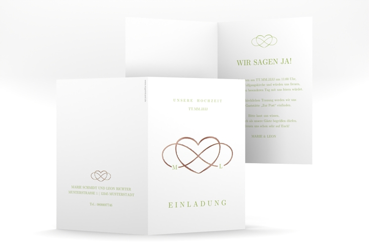 Einladungskarte Hochzeit Infinity A6 Klappkarte hoch gruen rosegold