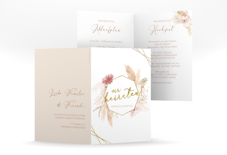 Einladungskarte Hochzeit Bohostyle A6 Klappkarte hoch beige gold mit Pampasgras in Aquarell