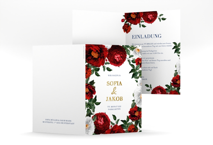 Einladungskarte Hochzeit Florista A6 Klappkarte hoch weiss gold