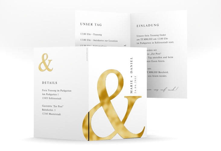 Einladungskarte Hochzeit And A6 Klappkarte hoch weiss gold