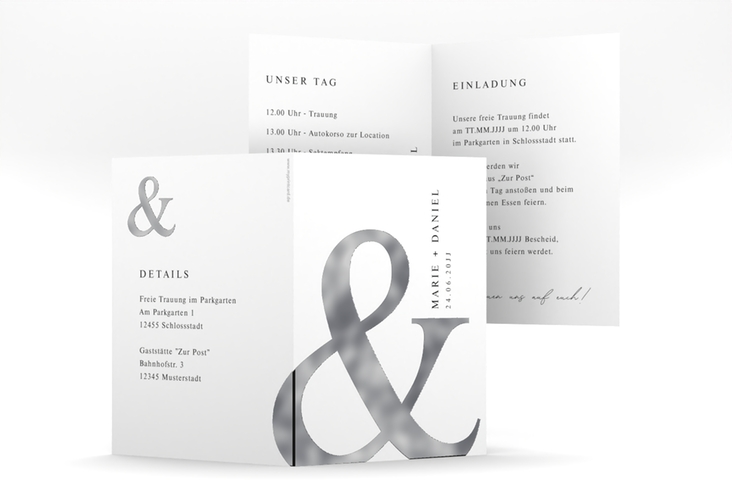 Einladungskarte Hochzeit And A6 Klappkarte hoch weiss silber