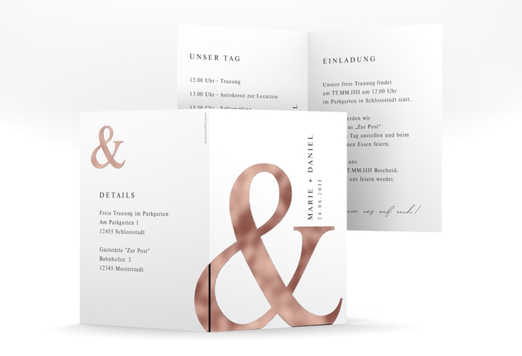 Einladungskarte Hochzeit And A6 Klappkarte hoch weiss rosegold