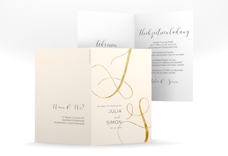 Hochzeitseinladung Eheschließung A6 Klappkarte hoch beige gold mit Gräsern und Trockenblumen für Boho-Hochzeit