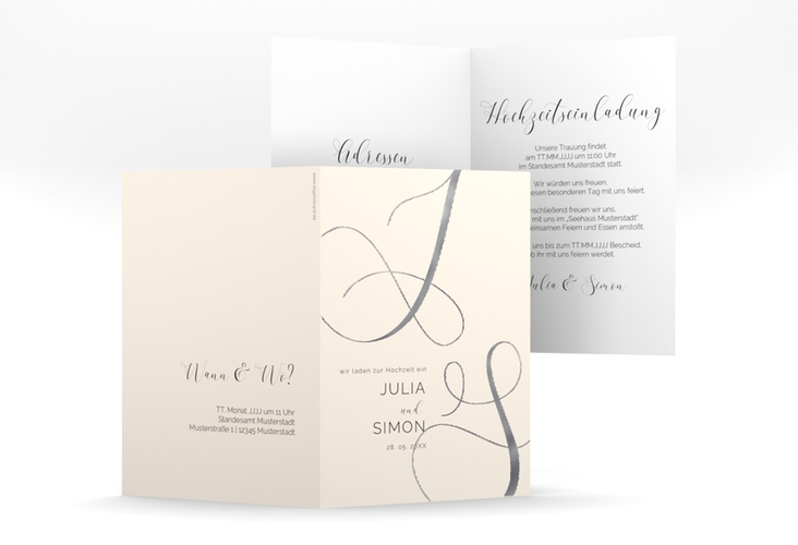 Hochzeitseinladung Eheschließung A6 Klappkarte hoch beige silber mit Gräsern und Trockenblumen für Boho-Hochzeit