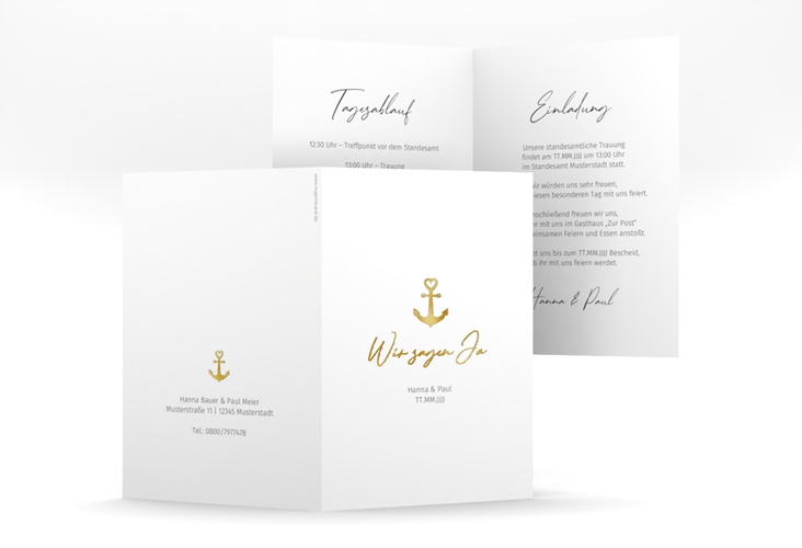 Einladungskarte Hochzeit Ankerliebe A6 Klappkarte hoch weiss gold im minimalistischen maritimen Design mit Anker