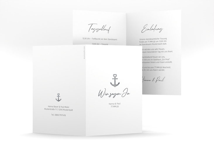 Einladungskarte Hochzeit Ankerliebe A6 Klappkarte hoch weiss silber im minimalistischen maritimen Design mit Anker