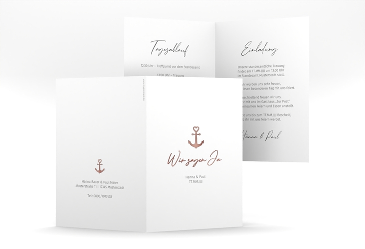 Einladungskarte Hochzeit Ankerliebe A6 Klappkarte hoch weiss rosegold im minimalistischen maritimen Design mit Anker