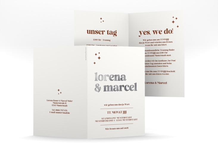 Einladungskarte Hochzeit Retro A6 Klappkarte hoch weiss silber