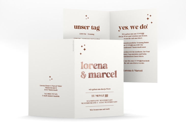 Einladungskarte Hochzeit Retro A6 Klappkarte hoch weiss rosegold