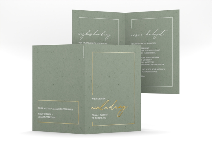 Einladungskarte Hochzeit Simple Line A6 Klappkarte hoch gruen gold