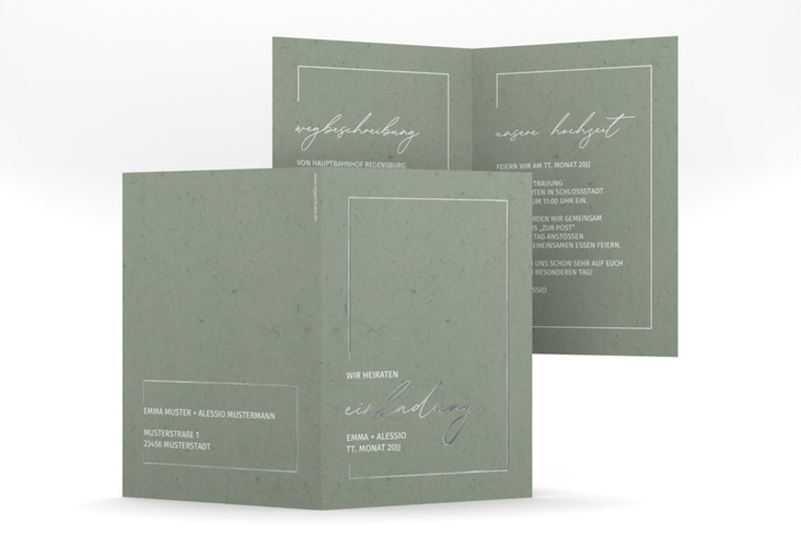 Einladungskarte Hochzeit Simple Line A6 Klappkarte hoch gruen silber