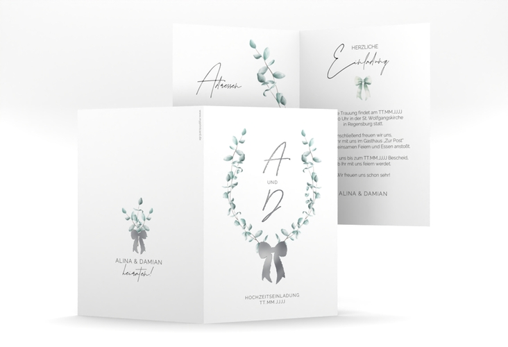 Einladungskarte Hochzeit Eucalypt Bow A6 Klappkarte hoch gruen silber