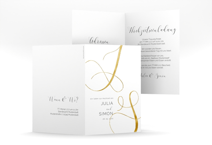 Hochzeitseinladung Eheschließung A6 Klappkarte hoch weiss gold mit Gräsern und Trockenblumen für Boho-Hochzeit