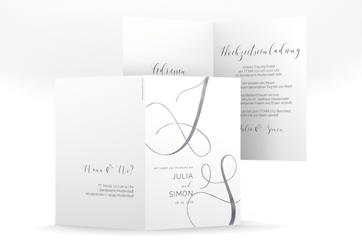 Hochzeitseinladung Eheschließung A6 Klappkarte hoch weiss silber mit Gräsern und Trockenblumen für Boho-Hochzeit