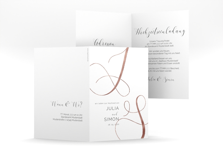 Hochzeitseinladung Eheschließung A6 Klappkarte hoch weiss rosegold mit Gräsern und Trockenblumen für Boho-Hochzeit