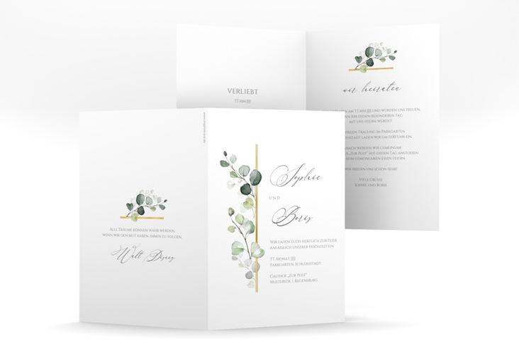 Einladungskarte Hochzeit Adelya A6 Klappkarte hoch weiss gold elegant mit Eukalyptus-Motiv