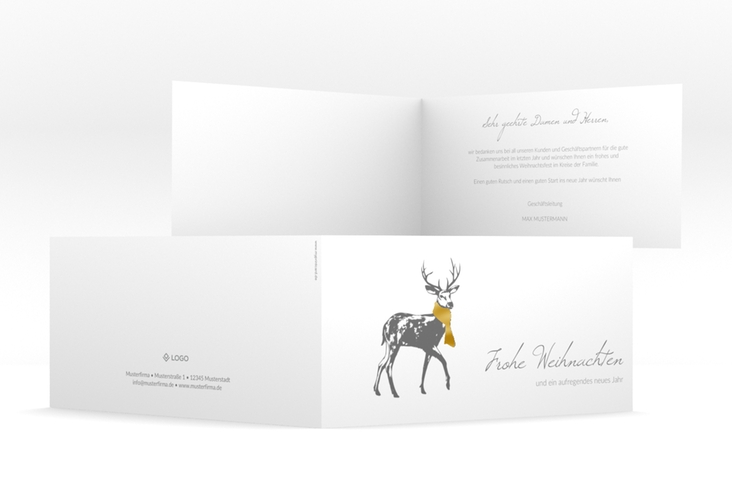 Geschäftliche Weihnachtskarte Hirsch lange Klappkarte quer weiss gold mit Hirsch mit Schal