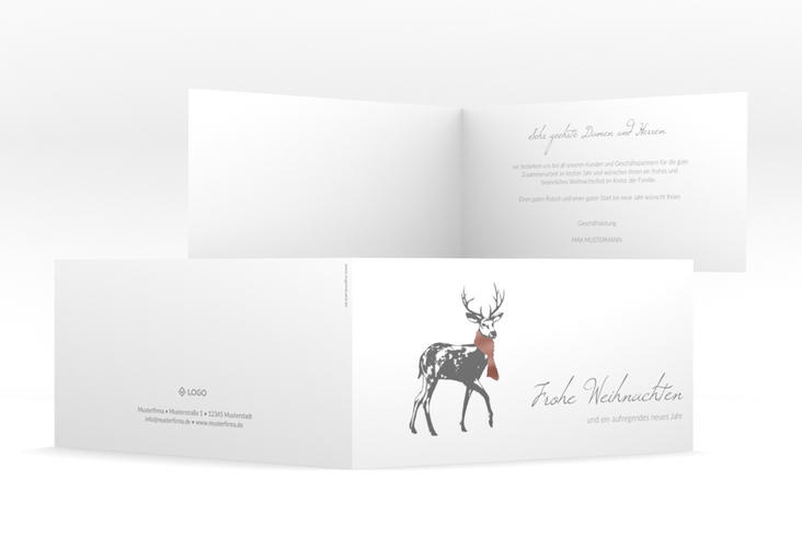 Geschäftliche Weihnachtskarte Hirsch lange Klappkarte quer weiss rosegold mit Hirsch mit Schal
