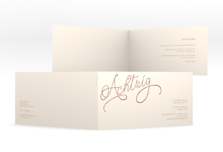 Einladung 80. Geburtstag Schwungvoll lange Klappkarte quer beige rosegold