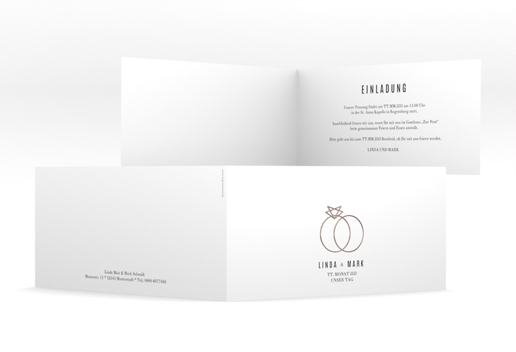 Hochzeitseinladung Rings lange Klappkarte quer weiss rosegold
