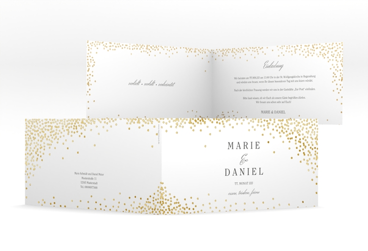 Hochzeitseinladung Glitter lange Klappkarte quer weiss gold