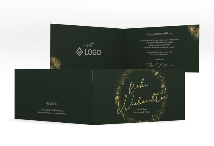 Geschäftliche Weihnachtskarte Glitzerkranz lange Klappkarte quer gruen gold mit Kranz aus Eiskristallen und eleganter Aufschrift frohe Weihnachten