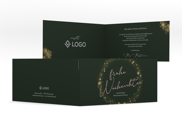 Geschäftliche Weihnachtskarte Glitzerkranz lange Klappkarte quer gruen rosegold mit Kranz aus Eiskristallen und eleganter Aufschrift frohe Weihnachten