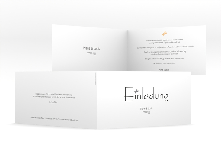 Hochzeitseinladung Twohearts lange Klappkarte quer beige silber