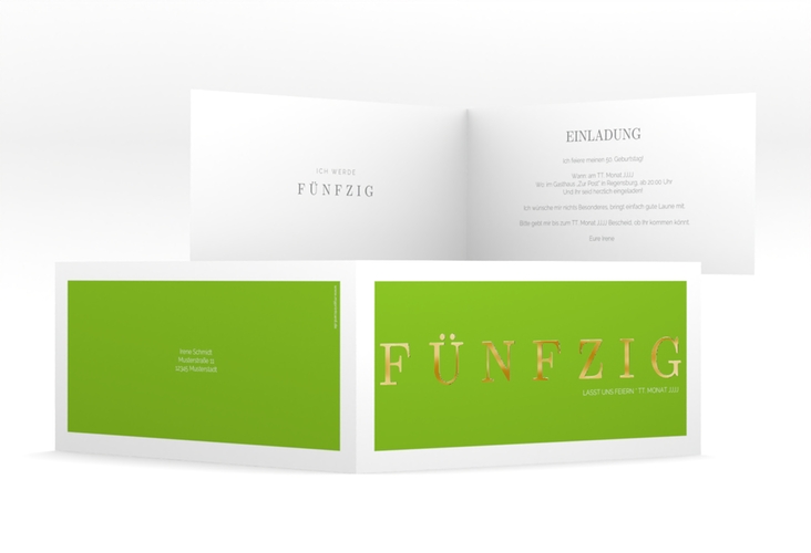 Einladung 50. Geburtstag Schlicht lange Klappkarte quer gruen gold