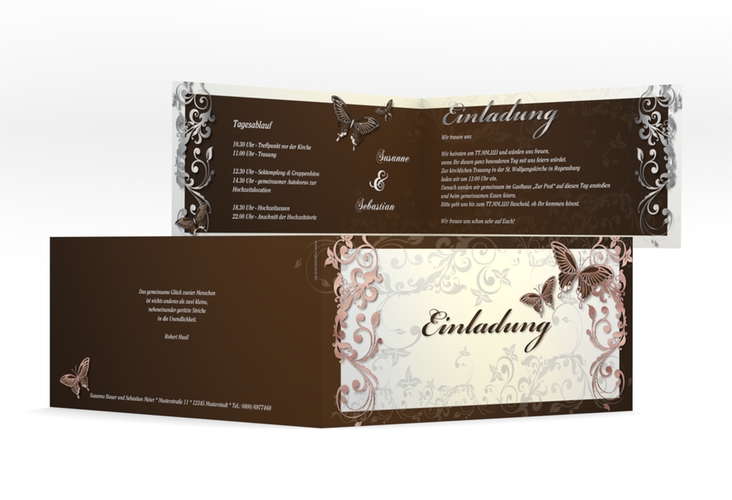 Hochzeitseinladung Toulouse lange Klappkarte quer braun rosegold