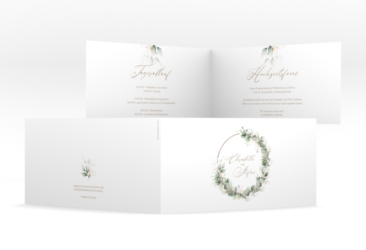 Hochzeitseinladung Selvatica lange Klappkarte quer weiss rosegold mit Eukalyptus-Kranz