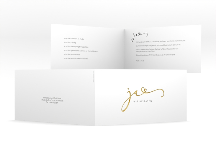 Hochzeitseinladung Jawort lange Klappkarte quer weiss gold modern minimalistisch mit veredelter Aufschrift
