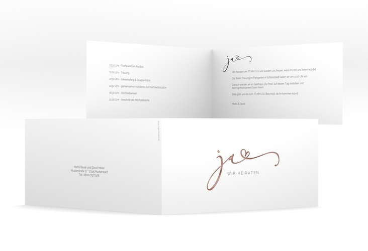 Hochzeitseinladung Jawort lange Klappkarte quer weiss rosegold modern minimalistisch mit veredelter Aufschrift