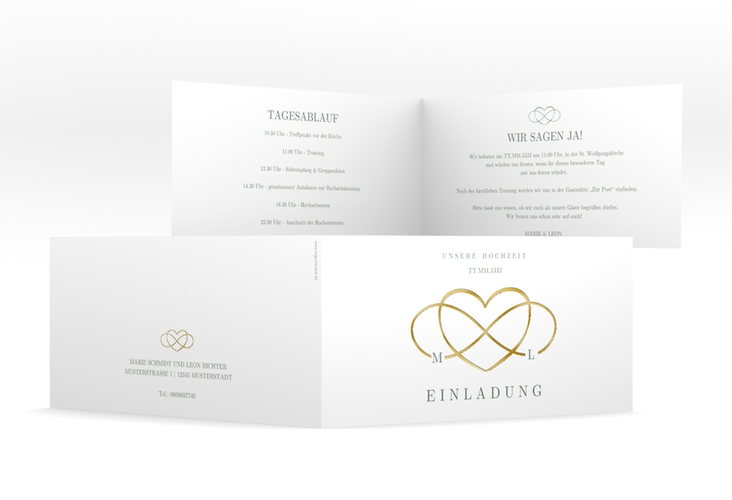 Hochzeitseinladung Infinity lange Klappkarte quer gruen gold