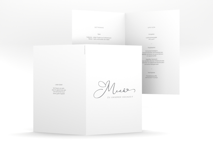 Menükarte Hochzeit Jawort A5 Klappkarte hoch weiss silber modern minimalistisch mit veredelter Aufschrift