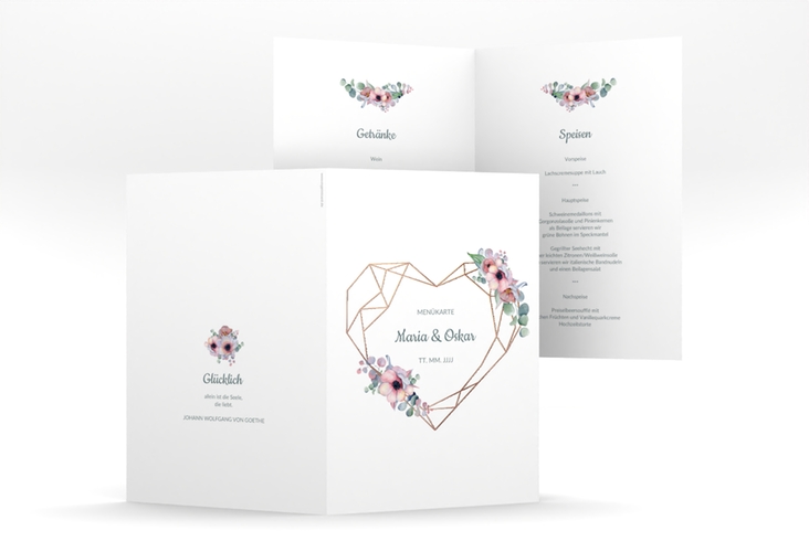 Menükarte Hochzeit Herzgold A5 Klappkarte hoch weiss rosegold