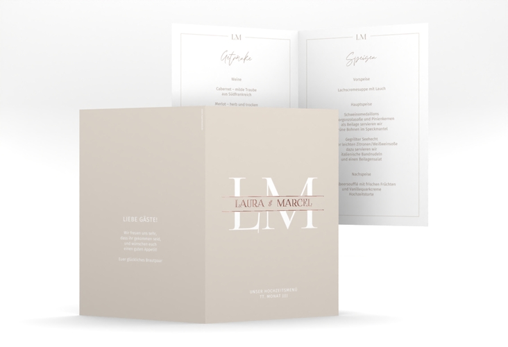 Menükarte Hochzeit Monogramm A5 Klappkarte hoch beige rosegold
