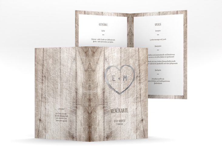 Menükarte Hochzeit Wood A5 Klappkarte hoch weiss silber