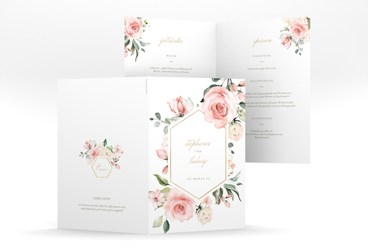 Menükarte Hochzeit Graceful A5 Klappkarte hoch weiss gold mit Rosenblüten in Rosa und Weiß