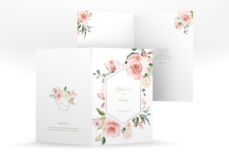 Kirchenheft Hochzeit Graceful A5 Klappkarte hoch weiss silber mit Rosenblüten in Rosa und Weiß