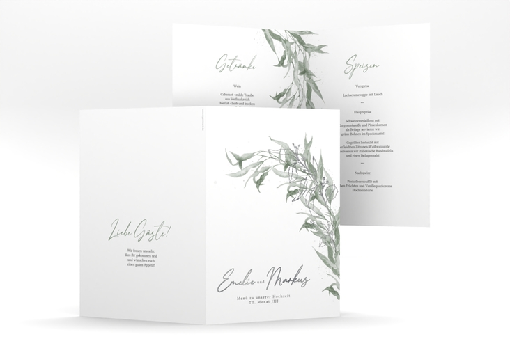 Menükarte Hochzeit Eucalyptus Green A5 Klappkarte hoch weiss silber