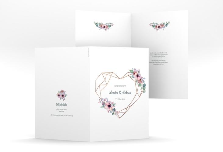 Kirchenheft Hochzeit Herzgold A5 Klappkarte hoch weiss rosegold