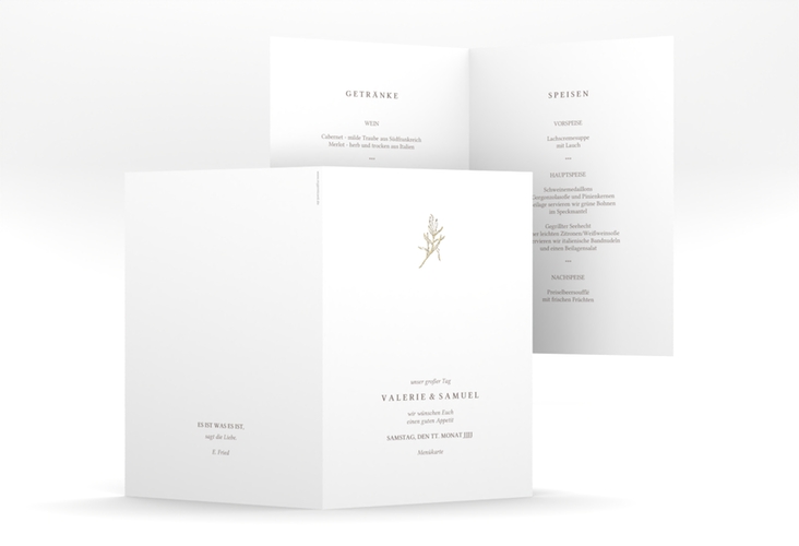 Menükarte Hochzeit Ivy A5 Klappkarte hoch weiss gold minimalistisch mit kleiner botanischer Illustration