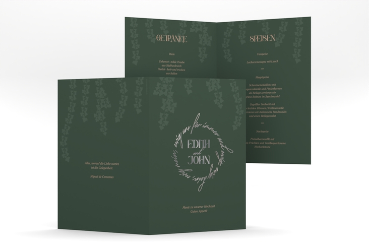 Menükarte Hochzeit Efeugrün A5 Klappkarte hoch gruen silber im Fantasy-Elfen-Design mit Efeu