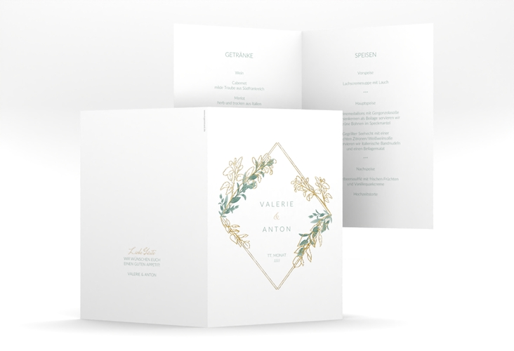 Menükarte Hochzeit Verde A5 Klappkarte hoch weiss gold