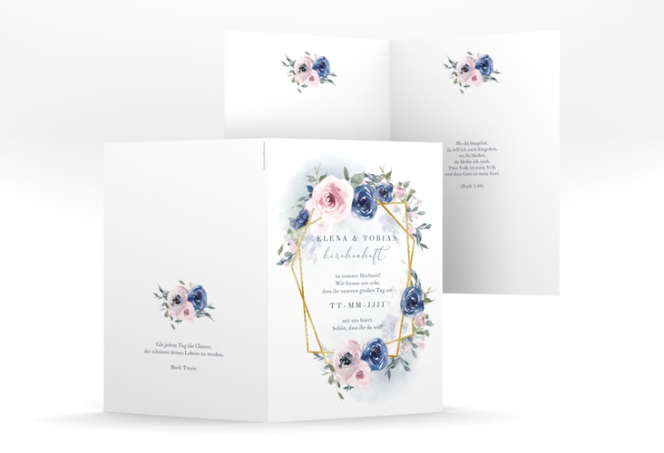 Kirchenheft Hochzeit Dustyblue A5 Klappkarte hoch weiss gold