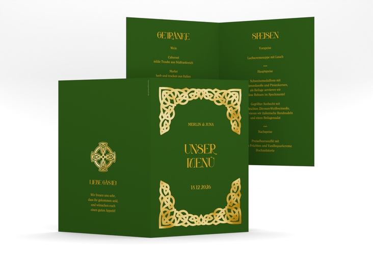 Menükarte Hochzeit Celtic A5 Klappkarte hoch gruen gold mit keltischem Knoten in irischen Farben