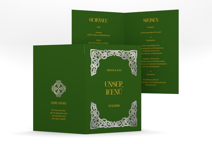 Menükarte Hochzeit Celtic A5 Klappkarte hoch gruen silber mit keltischem Knoten in irischen Farben